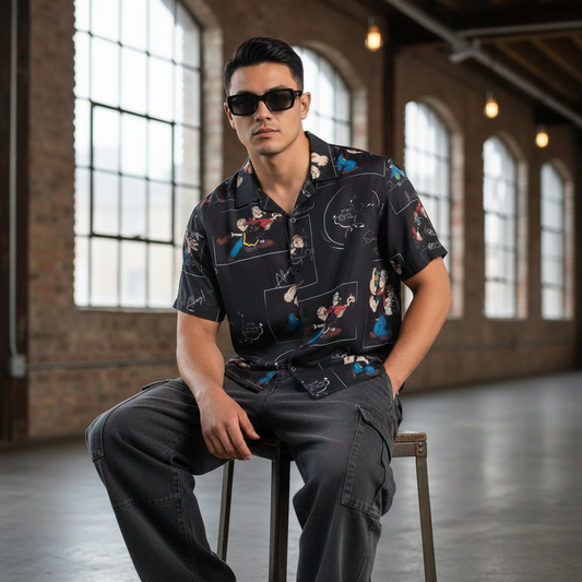 KRM Men’s Cartoon Print Rayon Resort Shirt – Casual Half Sleeve Button-Down