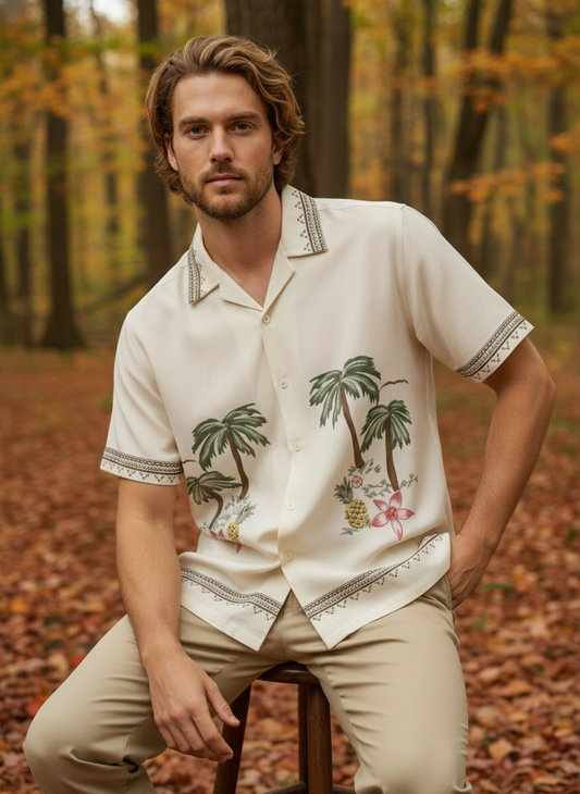 KRM Men’s Beige Linen Cotton Embroidery Resort Collar Shirt – Lightweight & Comfortable