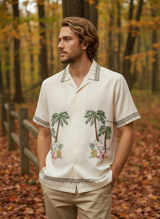 KRM Men’s Beige Linen Cotton Embroidery Resort Collar Shirt – Lightweight & Comfortable