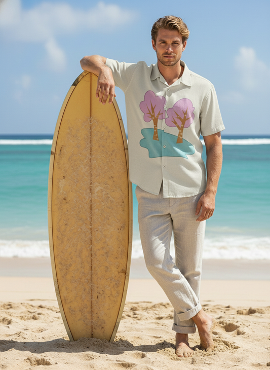 KRM Men’s Beige Linen Cotton Tropical Illustration Shirt – Soft & Stylish